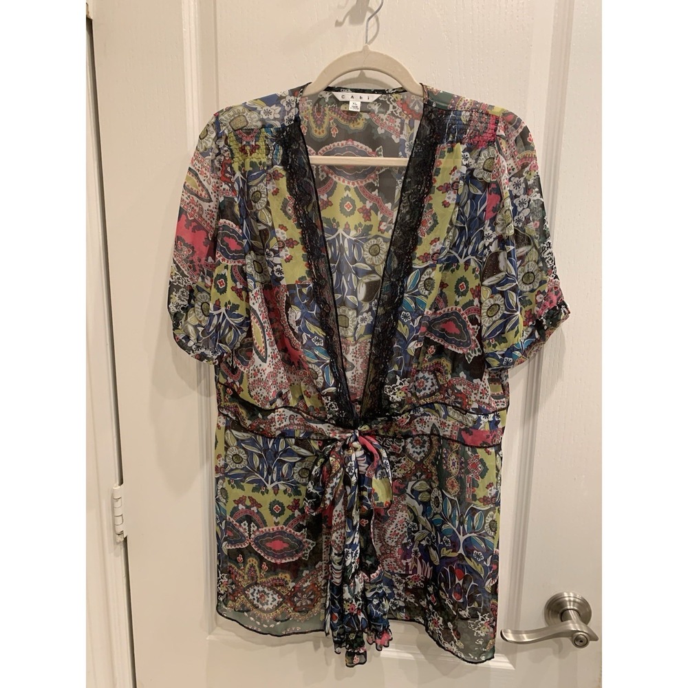Cabi sheer beach coverup kimono‎ style tie waist black lace trim size XL